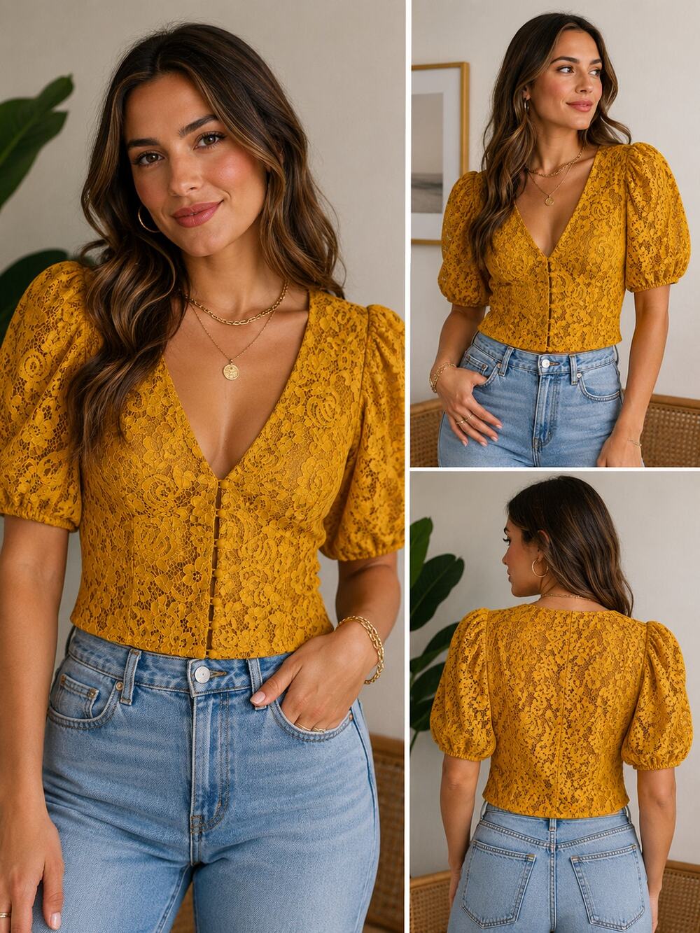 House of Harlow 1960 x REVOLVE Yellow Lace Puff Sleeve Hook Front Crop Top